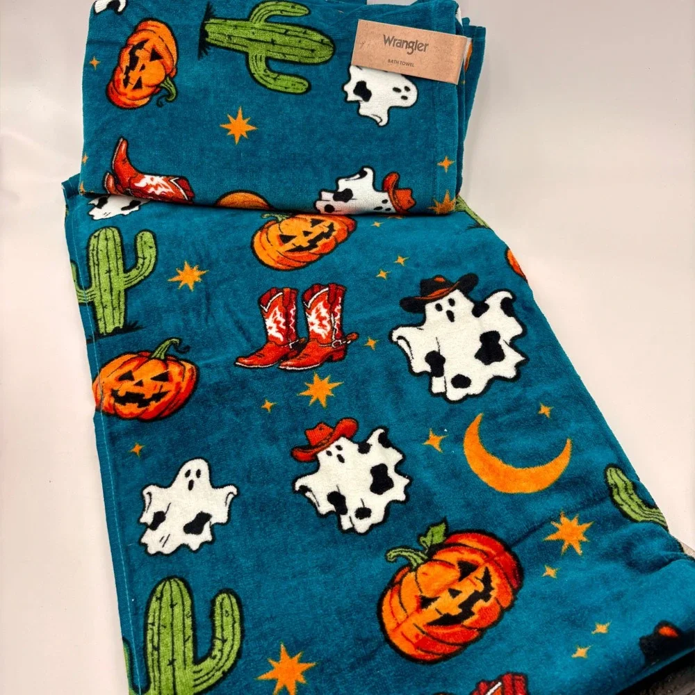 Wrangler Halloween Towel Set 4pc Teal Cowboy Ghost Pumpkin Cactus Cotton NEW